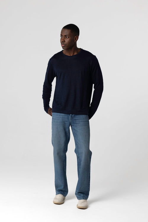 Langärmliges T-Shirt mit Rundhalsausschnitt aus Leinen/Elasthan in Marineblau - MAJESTIC FILATURES