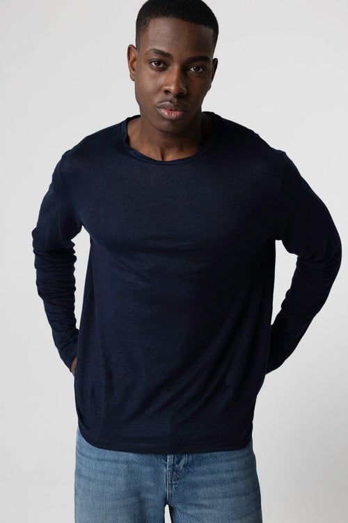 Langärmliges T-Shirt mit Rundhalsausschnitt aus Leinen/Elasthan in Marineblau - MAJESTIC FILATURES