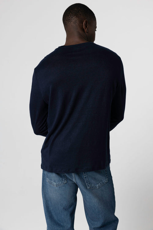 Langärmliges T-Shirt mit Rundhalsausschnitt aus Leinen/Elasthan in Marineblau - MAJESTIC FILATURES