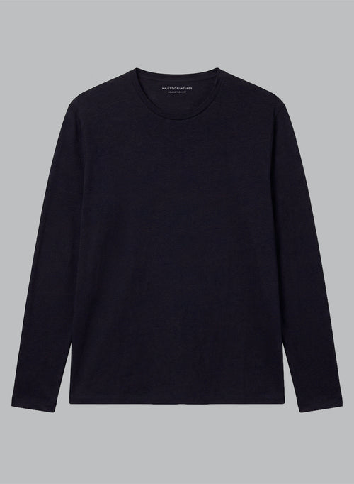 Navy Linen Long Sleeve Crew Neck T-Shirt - MAJESTIC FILATURES