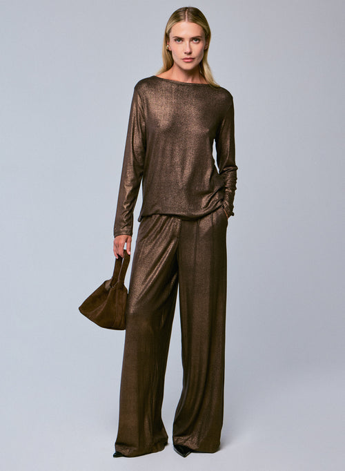Brown Boat Neck Long Sleeves T-shirt in Viscose and Elastane - MAJESTIC FILATURES