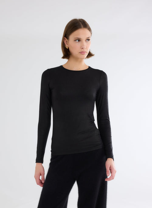 T-shirt Noir Pailletté Col Rond Manches Longues en Viscose et Élasthanne - MAJESTIC FILATURES