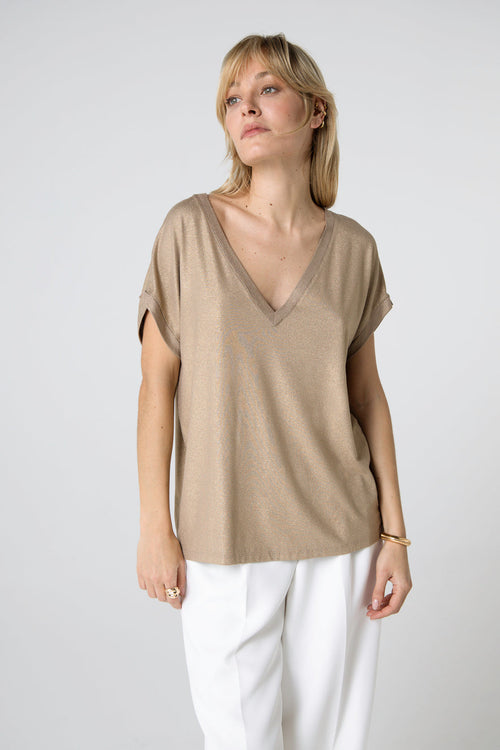 T-shirt Coffee Latte Col V Manches Courtes en Viscose / Elasthanne - MAJESTIC FILATURES