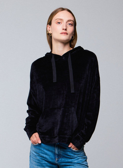 Marineblaues Kapuzensweatshirt mit langen Ärmeln aus Baumwolle / Modal / Elasthan - MAJESTIC FILATURES