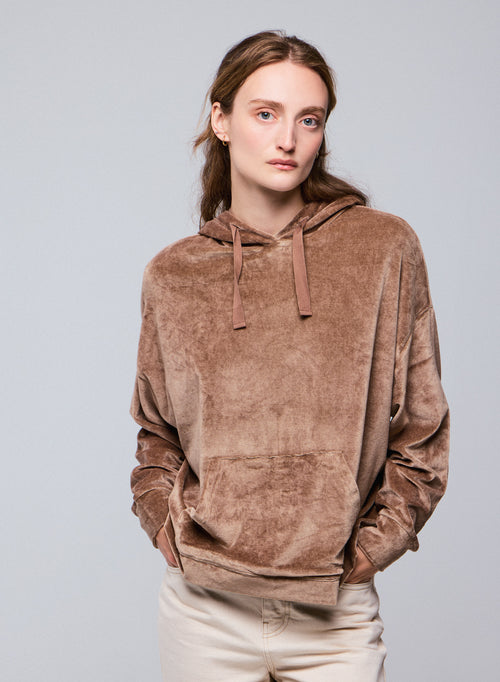 Beigefarbenes Kapuzensweatshirt mit langen Ärmeln aus Baumwolle / Modal / Elasthan - MAJESTIC FILATURES