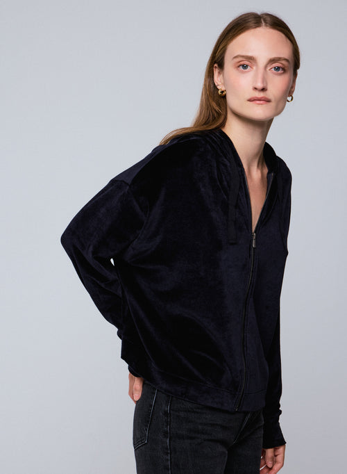 Navy hooded sweatshirt with long sleeves in cotton / modal / elastane - MAJESTIC FILATURES