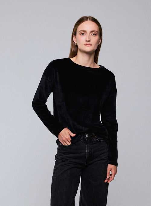 Schwarzes Langarm-T-Shirt mit U-Boot-Ausschnitt aus Bio-Baumwolle / Modal / Elasthan - MAJESTIC FILATURES
