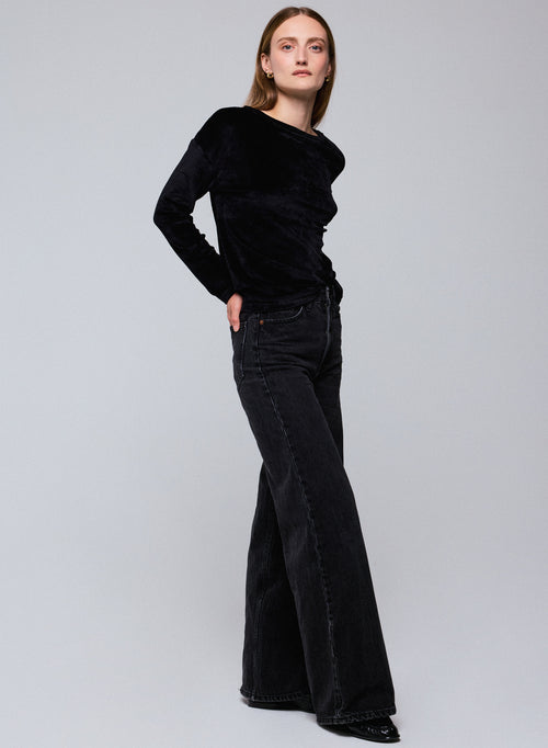 Schwarzes Langarm-T-Shirt mit U-Boot-Ausschnitt aus Bio-Baumwolle / Modal / Elasthan - MAJESTIC FILATURES