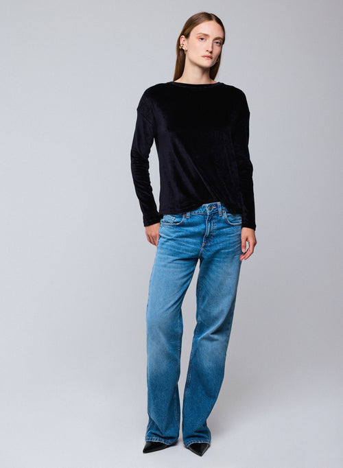 Navy T-shirt with long sleeve boat neck in Organic Cotton / Modal / Elastane - MAJESTIC FILATURES
