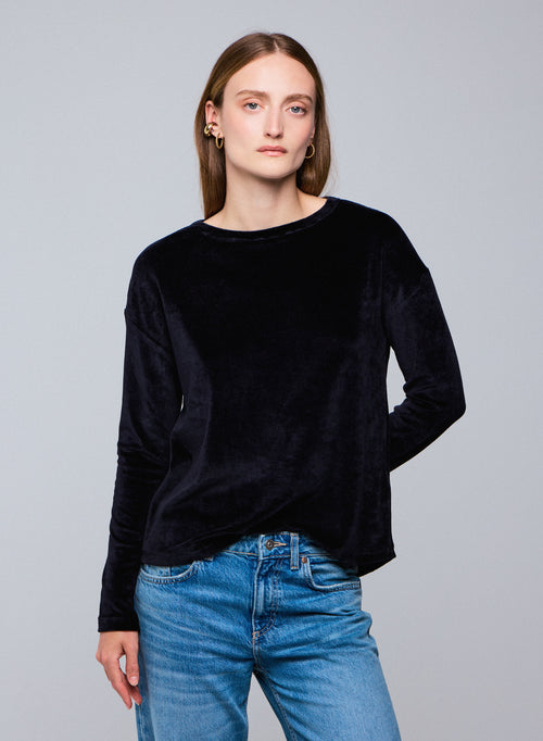 Navy T-shirt with long sleeve boat neck in Organic Cotton / Modal / Elastane - MAJESTIC FILATURES