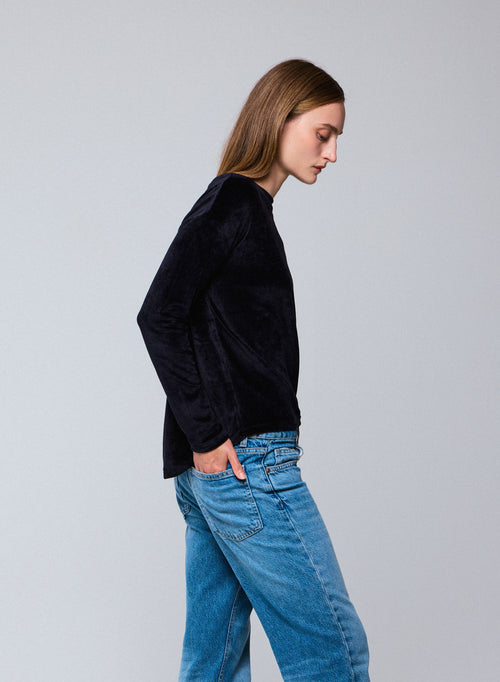 Navy T-shirt with long sleeve boat neck in Organic Cotton / Modal / Elastane - MAJESTIC FILATURES