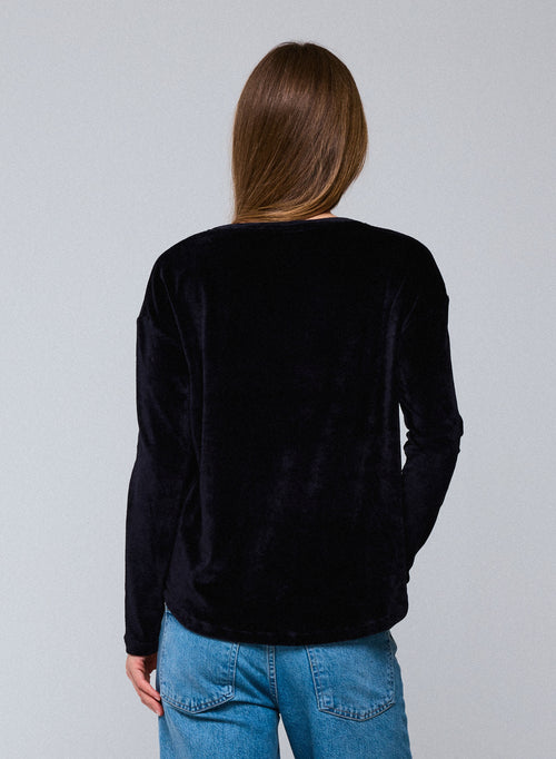Navy T-shirt with long sleeve boat neck in Organic Cotton / Modal / Elastane - MAJESTIC FILATURES