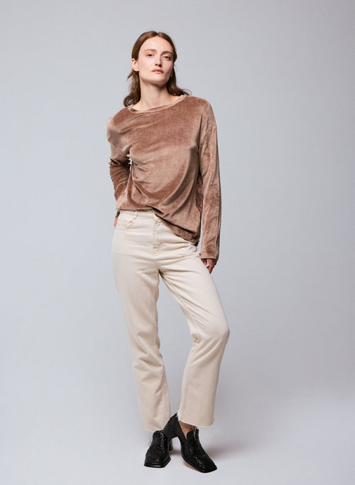 Beige Boat Neck Long Sleeve T-Shirt in Organic Cotton / Modal / Elastane - MAJESTIC FILATURES