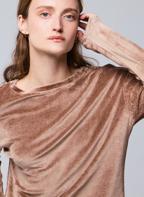 Beige Boat Neck Long Sleeve T-Shirt in Organic Cotton / Modal / Elastane - MAJESTIC FILATURES