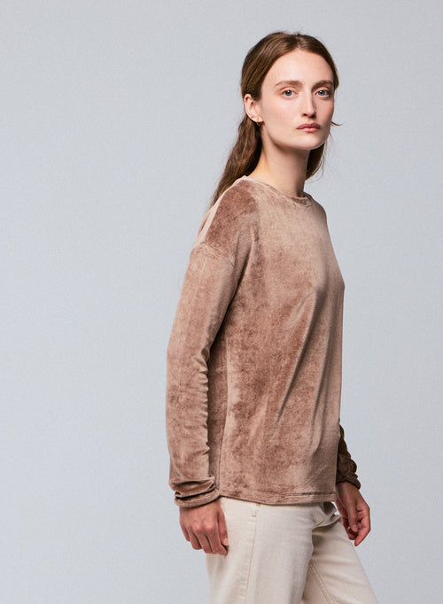 Beige Boat Neck Long Sleeve T-Shirt in Organic Cotton / Modal / Elastane - MAJESTIC FILATURES