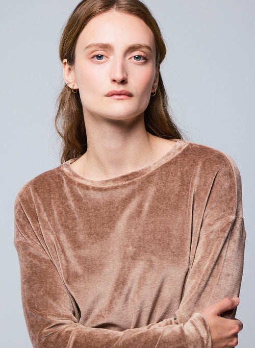 Beige Boat Neck Long Sleeve T-Shirt in Organic Cotton / Modal / Elastane - MAJESTIC FILATURES