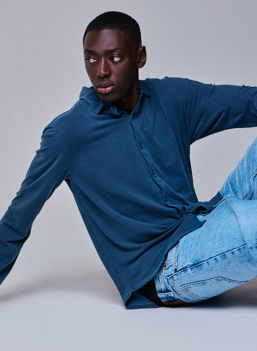 Blaues Hemd Langarmshirt aus Bio-Baumwolle / Elasthan - MAJESTIC FILATURES