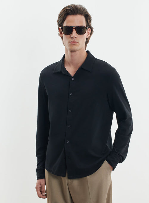 Camisa Negra de Manga Larga en Algodón Orgánico / Elastano - MAJESTIC FILATURES