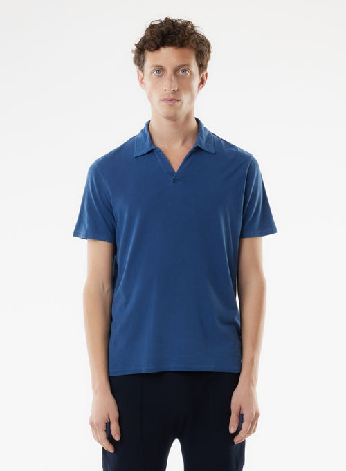 Blue Short Sleeve Polo Shirt in Organic Cotton and Elastane - MAJESTIC FILATURES