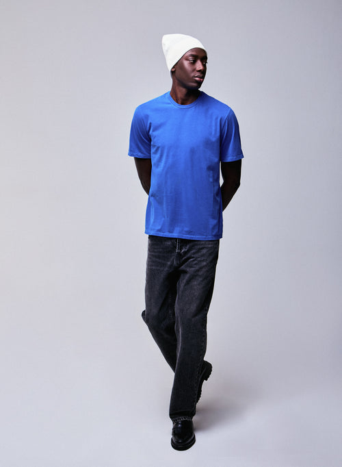 Blue Round Neck Short Sleeve T-shirt in Organic Cotton / Elastane - MAJESTIC FILATURES