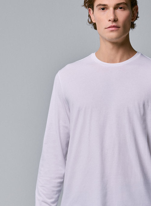 Weißes Henry T-Shirt mit Rundhalsausschnitt und langen Ärmeln aus organischer Baumwolle und Elastan - MAJESTIC FILATURES
