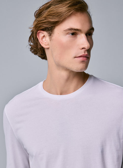 Weißes Henry T-Shirt mit Rundhalsausschnitt und langen Ärmeln aus organischer Baumwolle und Elastan - MAJESTIC FILATURES