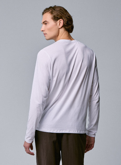 Weißes Henry T-Shirt mit Rundhalsausschnitt und langen Ärmeln aus organischer Baumwolle und Elastan - MAJESTIC FILATURES