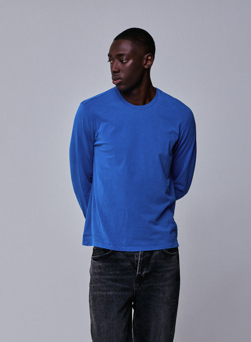 Blaues Langarm-T-Shirt mit Rundhalsausschnitt aus Bio-Baumwolle / Elasthan - MAJESTIC FILATURES