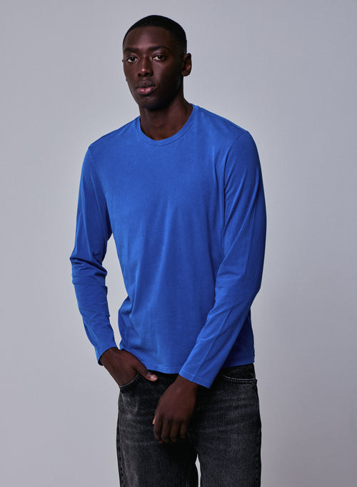 Blaues Langarm-T-Shirt mit Rundhalsausschnitt aus Bio-Baumwolle / Elasthan - MAJESTIC FILATURES