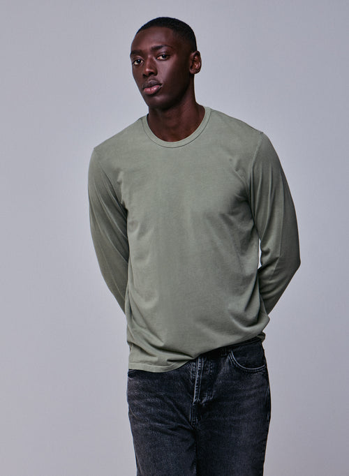 Grünes Langarm-T-Shirt mit Rundhalsausschnitt aus Bio-Baumwolle / Elasthan - MAJESTIC FILATURES