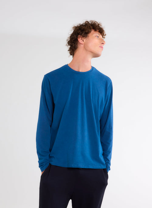 T-shirt Bleu Col Rond Manches Longues en Coton organique et Elasthanne - MAJESTIC FILATURES