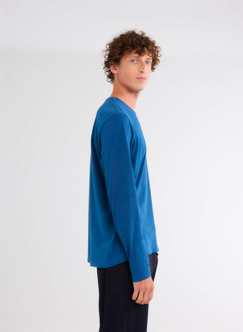 T-shirt Bleu Col Rond Manches Longues en Coton organique et Elasthanne - MAJESTIC FILATURES