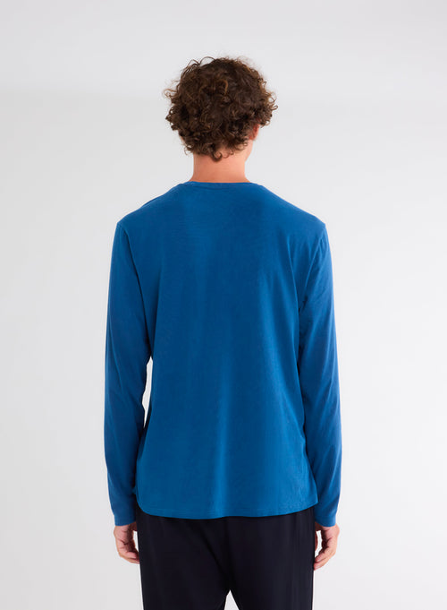 T-shirt Bleu Col Rond Manches Longues en Coton organique et Elasthanne - MAJESTIC FILATURES