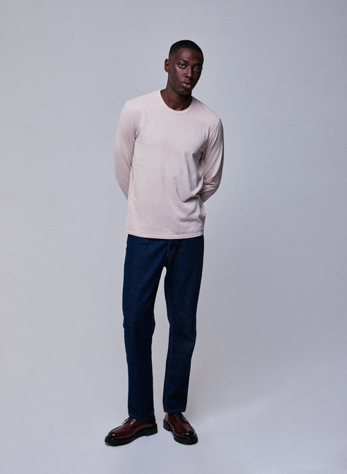 Beige Round Neck Long Sleeve T-shirt in Organic Cotton / Elastane - MAJESTIC FILATURES