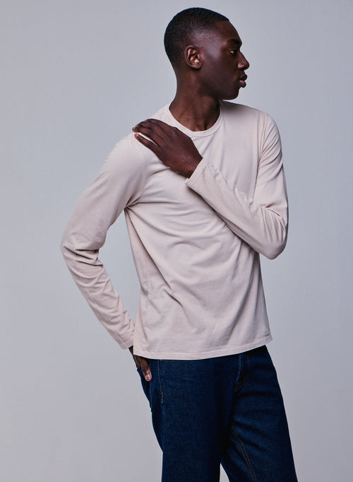 Beige Round Neck Long Sleeve T-shirt in Organic Cotton / Elastane - MAJESTIC FILATURES