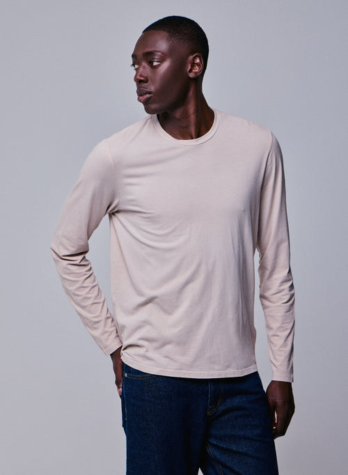 Beige Round Neck Long Sleeve T-shirt in Organic Cotton / Elastane - MAJESTIC FILATURES