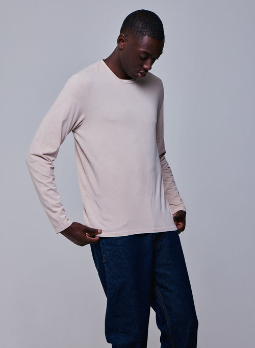Beige Round Neck Long Sleeve T-shirt in Organic Cotton / Elastane - MAJESTIC FILATURES