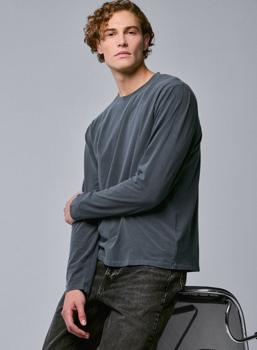Grey Round Neck Long Sleeve T-shirt in Organic Cotton / Elastane - MAJESTIC FILATURES