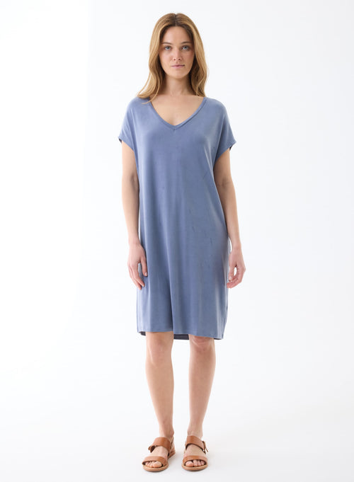 Robe Graphite Manches Courtes Col V en Cupro / Elasthanne - MAJESTIC FILATURES