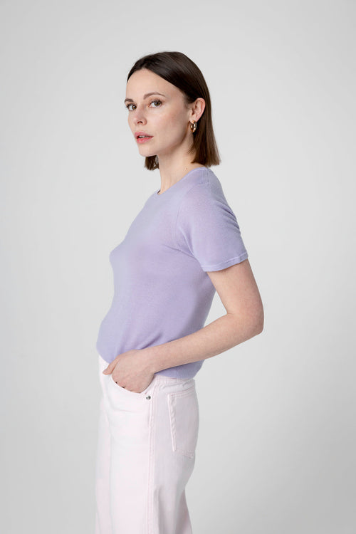 T-shirt Violet Clair Col Rond Manches Courtes en Cachemire - MAJESTIC FILATURES