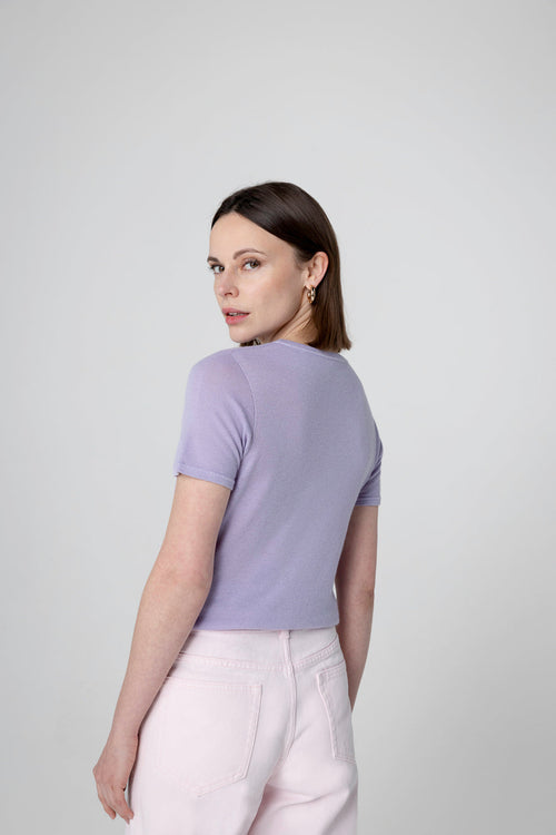 T-shirt Violet Clair Col Rond Manches Courtes en Cachemire - MAJESTIC FILATURES