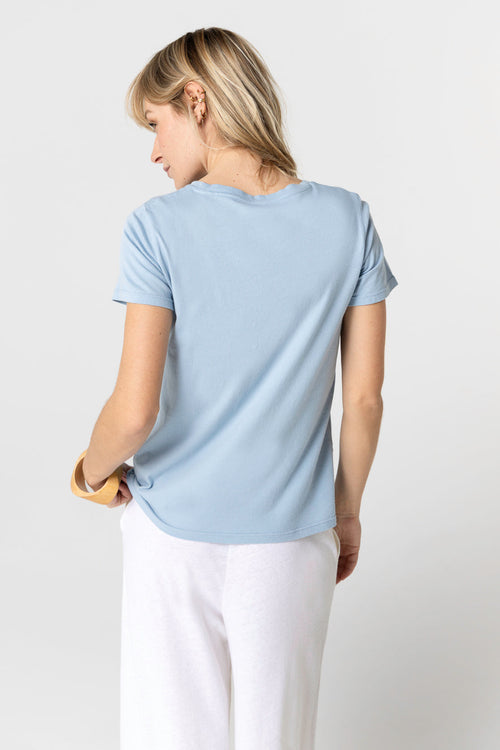 T-shirt Bleu Clair Col Rond Manches Courtes en Cachemire - MAJESTIC FILATURES