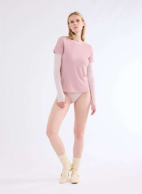 Pink Round Neck Short Sleeve T-shirt in 100% Cashmere - MAJESTIC FILATURES