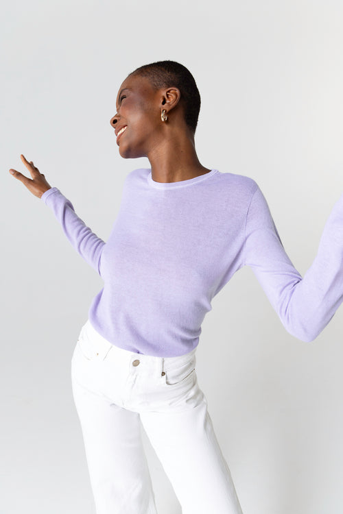 Langärmliges Rundhals-T-Shirt aus Kaschmir in Orchideen - MAJESTIC FILATURES