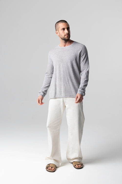 T-shirt Gris Col Rond Manches Longues en Cachemire - MAJESTIC FILATURES