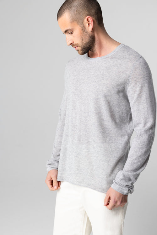 T-shirt Gris Col Rond Manches Longues en Cachemire - MAJESTIC FILATURES