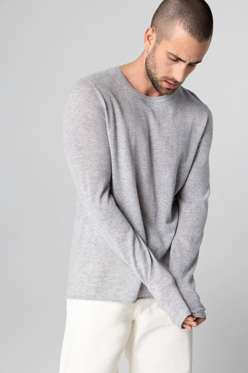 T-shirt Gris Col Rond Manches Longues en Cachemire - MAJESTIC FILATURES