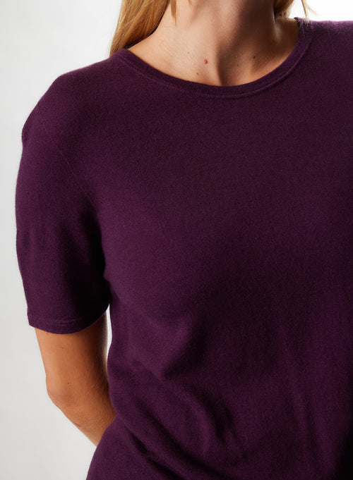 T-shirt Aubergine Col Rond Manches Courtes en Cachemire - MAJESTIC FILATURES