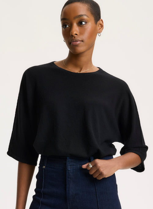 Tee shirt Black Round Neck Elbow Sleeves - MAJESTIC FILATURES