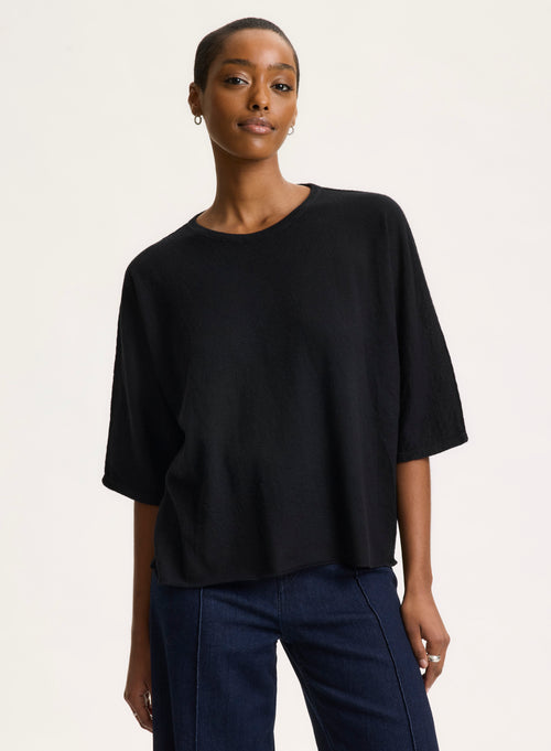 Tee shirt Black Round Neck Elbow Sleeves - MAJESTIC FILATURES